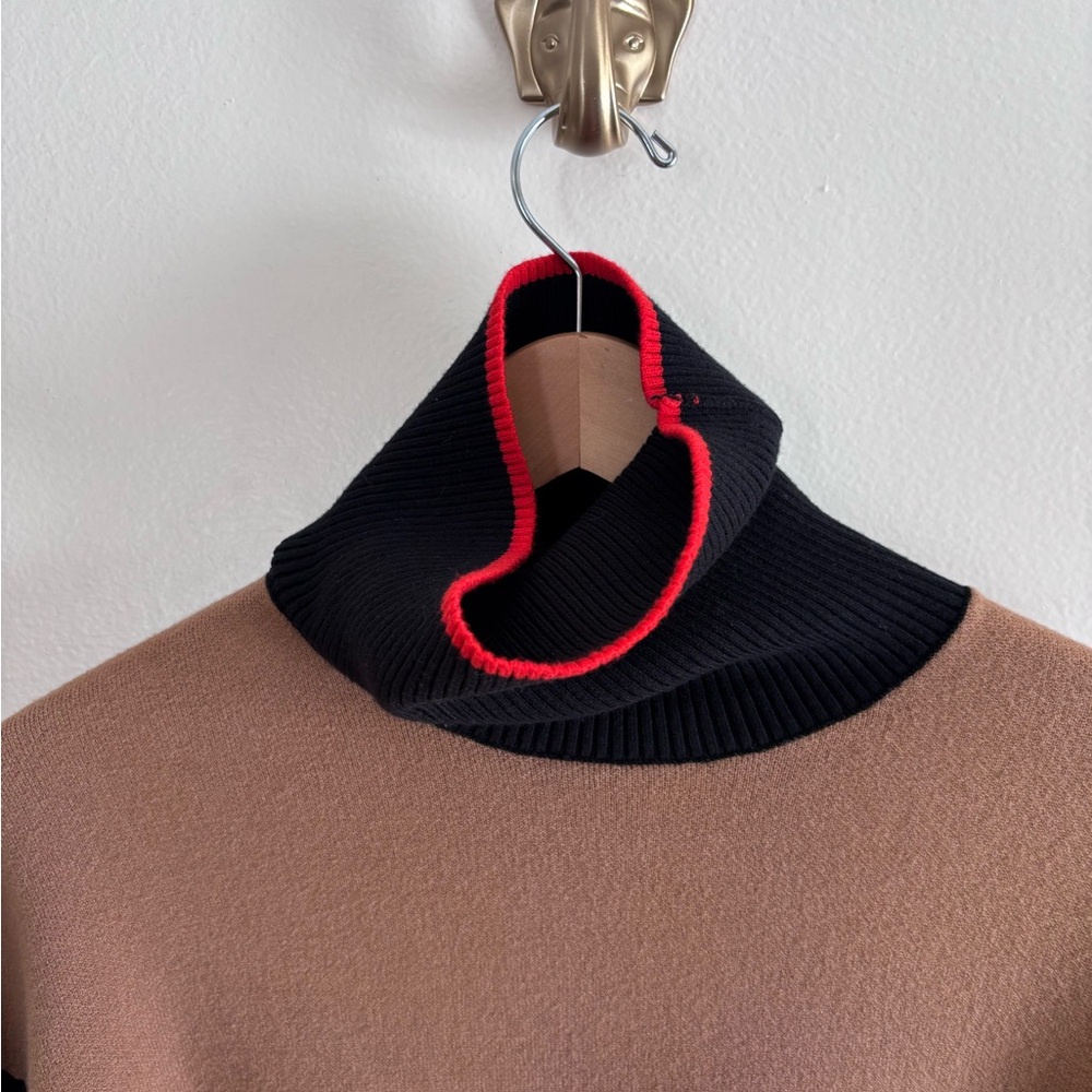 Tahari Colorblock Cowlneck Sweater in Camel, Black and Red Trim size M - Picture 3 of 6